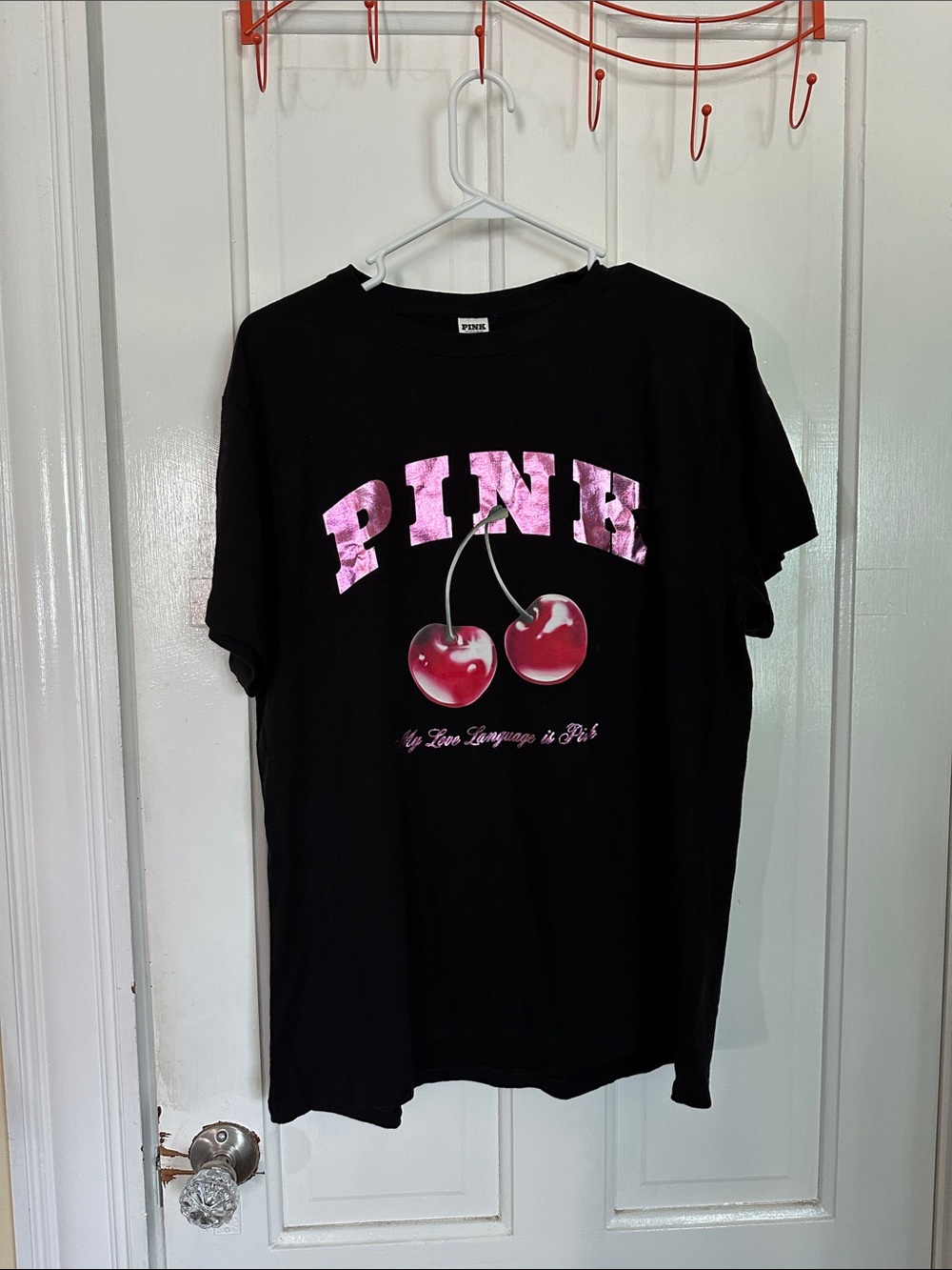 PINK Victoria's Secret Black Tee with Pink Logo & Red Cherry Graphic